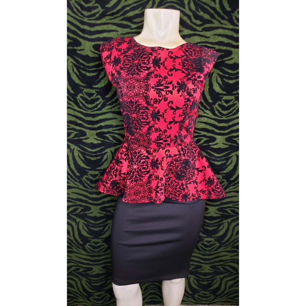 Iris red and black peplum dress